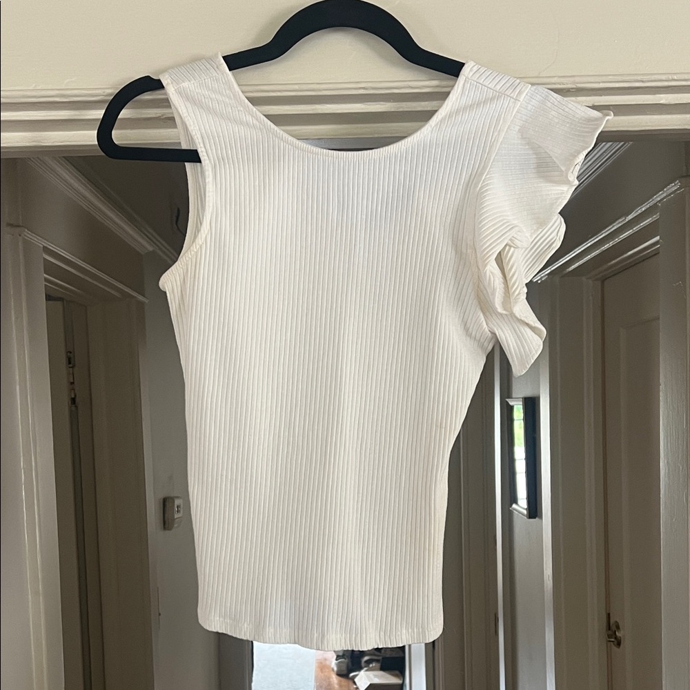 White Ruffled One-Shoulder Ribbed Tank Top